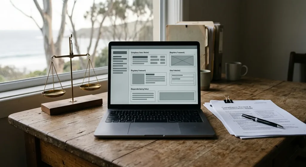 Documents, a laptop and a neutral legal reference desk arranged for an online gambling compliance review