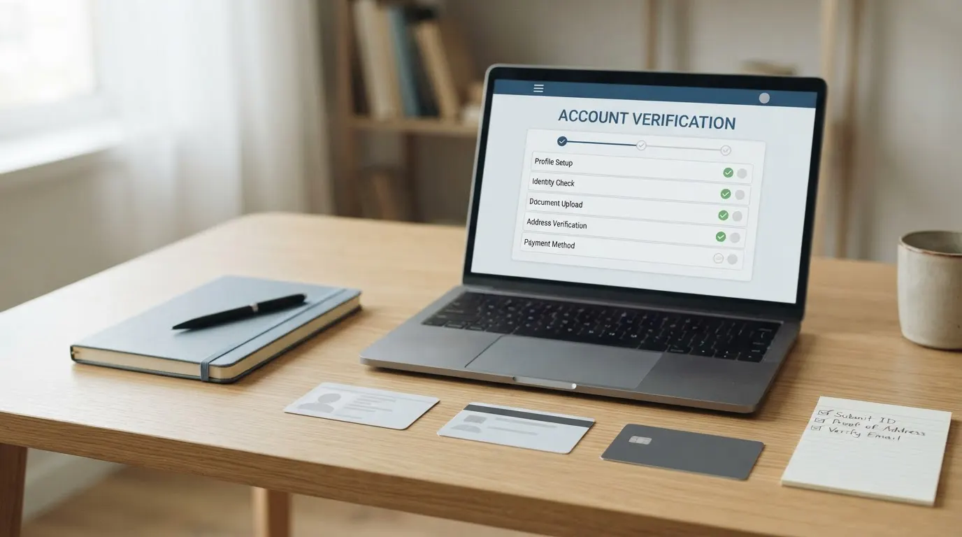 A neutral account-verification scene with identity documents, a secure profile screen and a checklist on a desk