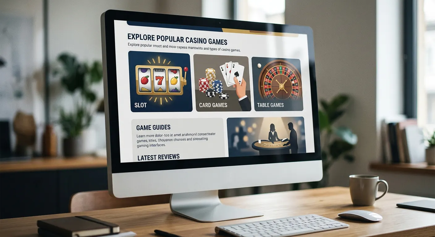 A neutral casino-games browsing scene with abstract slot reels, cards and live-table shapes on a desktop display