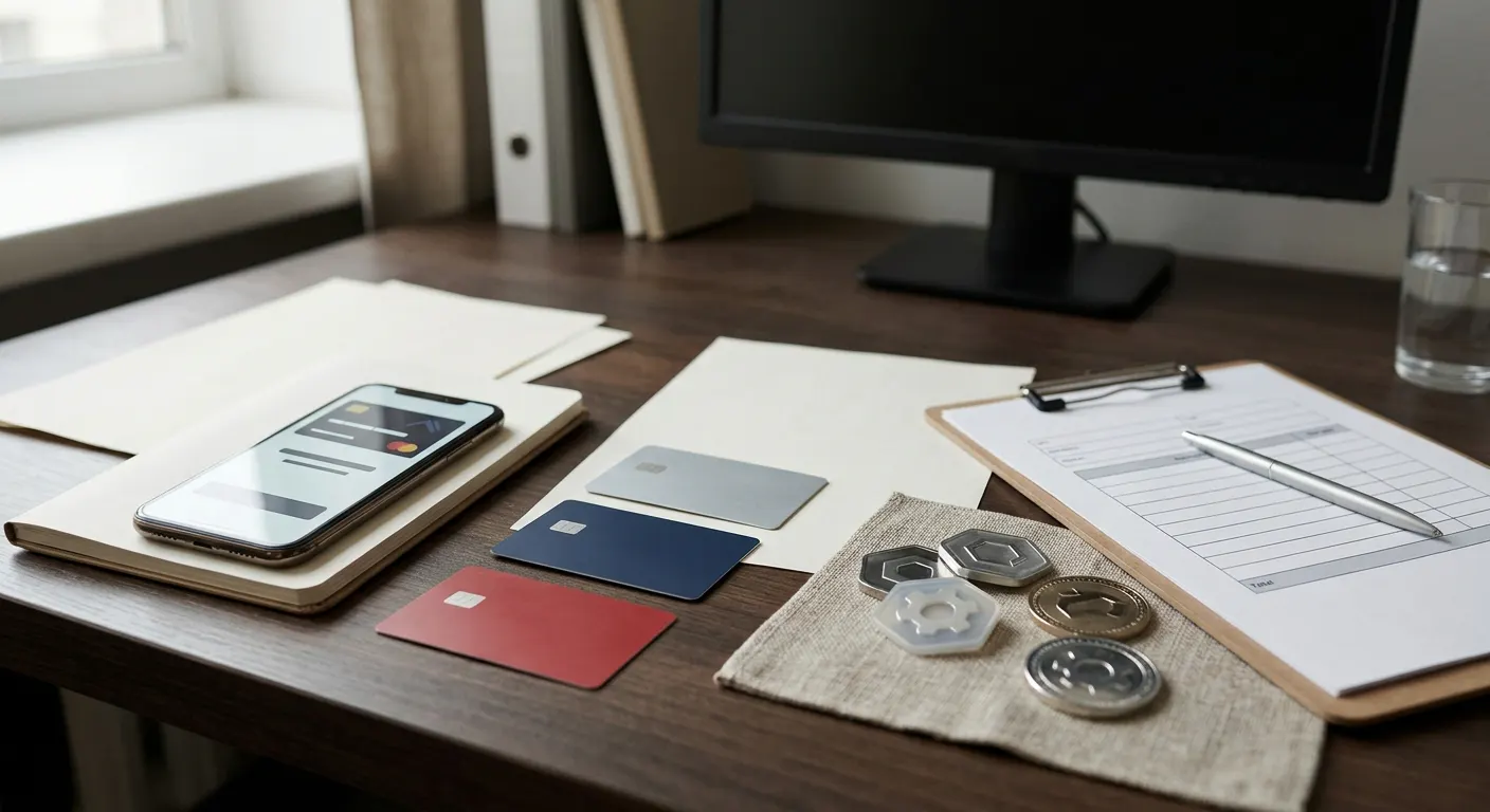 A neutral desktop payment desk with cards, bank-transfer paperwork and abstract cryptocurrency tokens