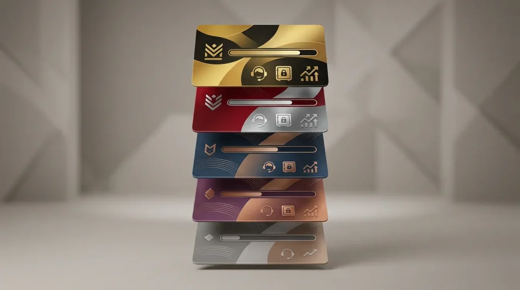 A neutral five-tier loyalty concept with stacked cards, progress markers and account-service symbols