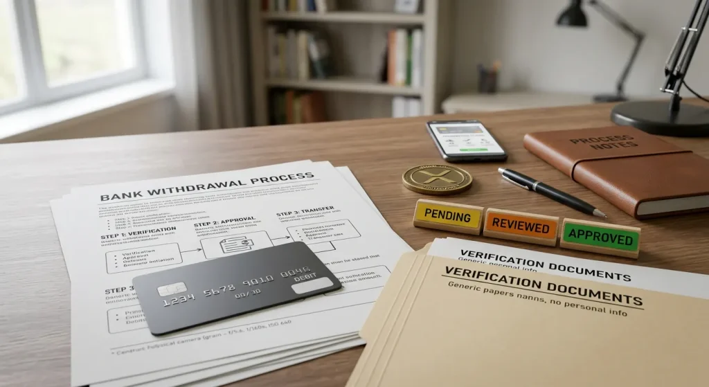 A neutral cashout planning scene with a payment card, bank document, abstract crypto token and staged approval steps